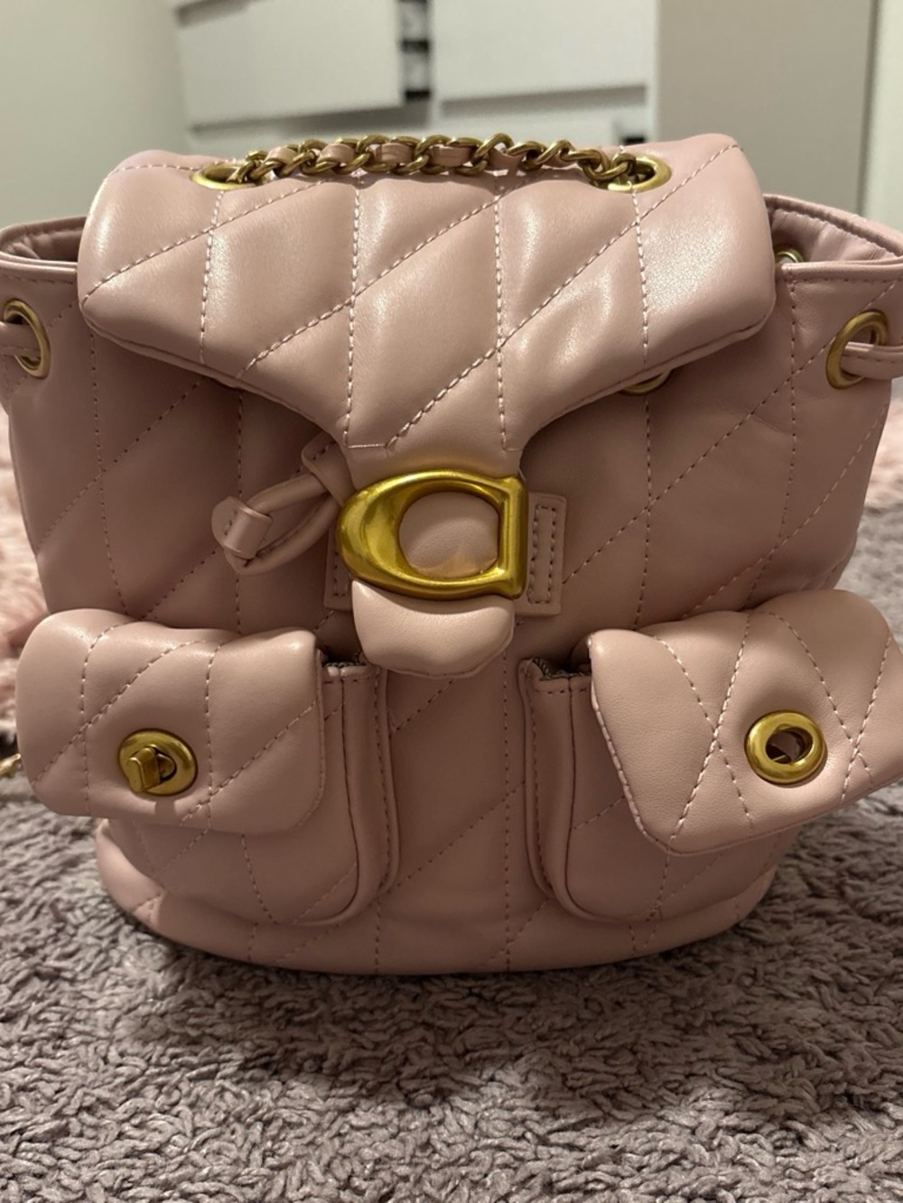 Quilted Pink Mini Drawstring Backpack with Gold Accents